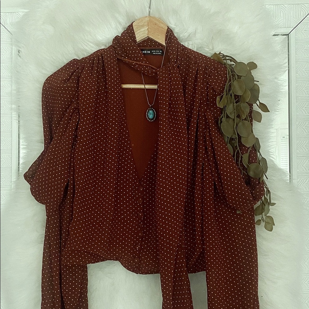 • § Rust Polka Dot Pussy Bow Vtg-Look Blouse § •